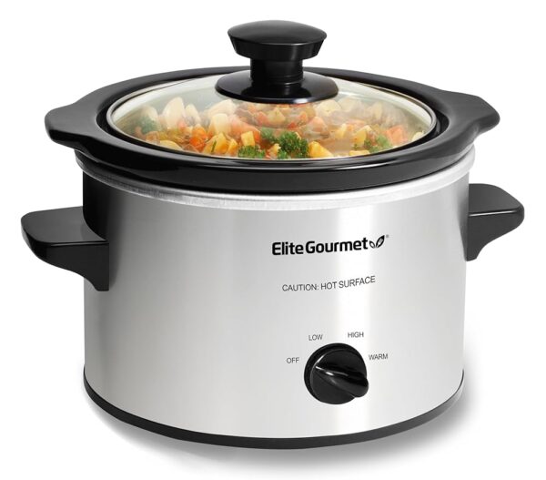 Elite Gourmet MST-250XS Electric Slow Cooker Ceramic Pot, Adjustable Temp, Entrees, Sauces, Stews & Dips, Dishwasher Safe Glass Lid & Crock, 1.5 Quart, Stainless Steel