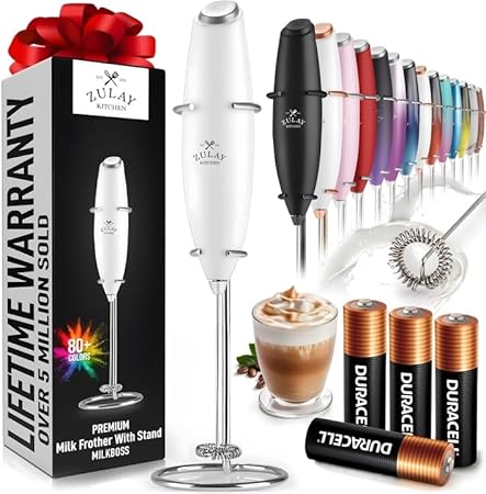 Zulay Powerful Milk Frother (4 Duracell Batteries Included) - Handheld Milk Frother Wand Drink Mixer for Coffee - Powerful Milk Foamer for Cappuccino, Frappe, Matcha & Creamer -...