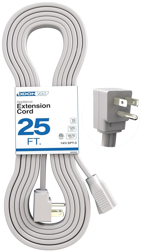 Appliance Extension Cord - 25ft Heavy Duty Gray Extension Wire for Air Conditioner, Refrigerator, & All Major Appliances - 14 Gauge High Voltage 3 Prong Flat-End Appliance Cord,...