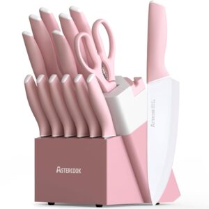 Astercook Knife Set, Kitchen Knives Set with Block and Sharpener Ceramic Coating 15 Pcs German Stainless Steel Knives Sharp Blade Dishwasher Safe Knife Block Set with Ergonomic...