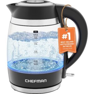 Chefman Electric Kettle, 1.8L 1500W, Hot Water Boiler, Removable Lid for Easy Cleaning, Auto Shut Off, Boil-Dry Protection, Stainless Steel Filter, BPA Free, Borosilicate Glass...
