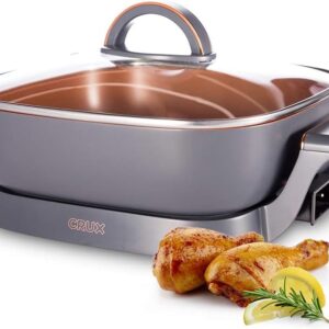 CRUX Electric Skillet with Glass Lid - Nonstick Scratch Resistant Ceramic Pan, Extra Deep with Removable Temperature Probe, 12" x 12", 1200 Watts, PFOA & PTFE Free CRUX Electric Skillet with Glass Lid - Nonstick Scratch Resistant Ceramic Pan, Extra Deep with Removable Temperature Probe, 12" x 12", 1200 Watts, PFOA & PTFE Free