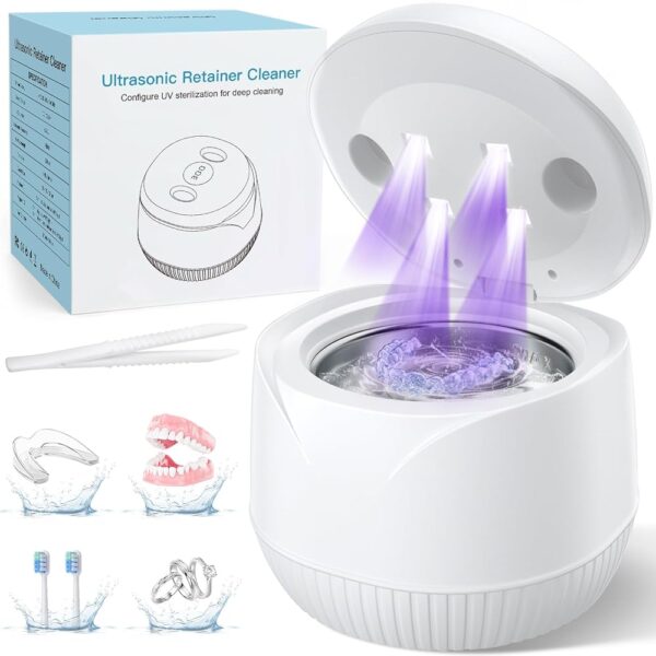 Dental Ultrasonic Retainer Cleaner Machine - Dental Cleaning Pod for Denture, Mouth Guard, Aligner, Night Guard, Braces, Toothbrush Heads, Jewelry, 45kHz Retainer Cleaner with...