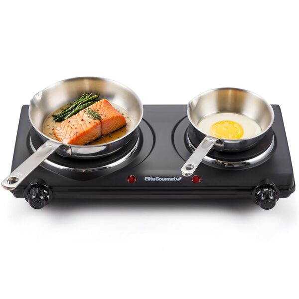 Elite Gourmet EDB-302BF# Countertop Double Cast Iron Burner, 1500 Watts Electric Hot Plate, Temperature Controls, Power Indicator Lights, Easy to Clean, Black Elite Gourmet EDB-302BF# Countertop Double Cast Iron Burner, 1500 Watts Electric Hot Plate, Temperature Controls, Power Indicator Lights, Easy to Clean, Black