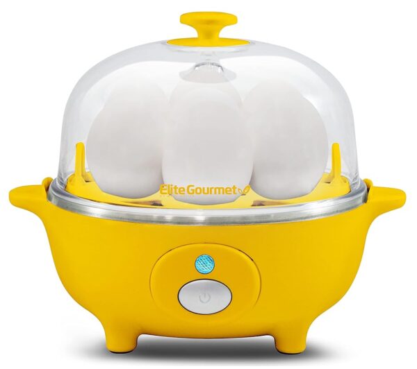 Elite Gourmet EGC-007Y# Rapid Egg Cooker, 7 Easy-To-Peel, Hard, Medium, Soft Boiled Eggs, Poacher, Omelet Maker, Auto Shut-Off, Alarm, 16-Recipe Booklet, Yellow
