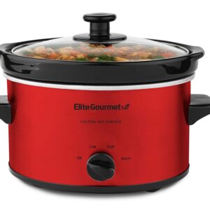 Elite Gourmet MST-275XR Electric Oval Slow Cooker, Adjustable Temp, Entrees, Sauces, Stews & Dips, Dishwasher Safe Glass Lid & Crock (2 Quart, Metallic Red)