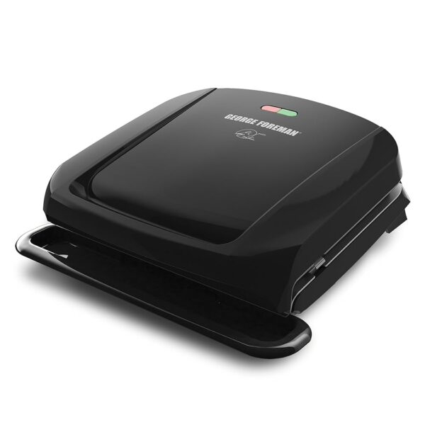 George Foreman 4-Serving Removable Plate Electric Grill and Panini Press, George Tough Non-Stick Coating, Drip Tray Catches Grease, Black George Foreman 4-Serving Removable Plate Electric Grill and Panini Press, George Tough Non-Stick Coating, Drip Tray Catches Grease, Black
