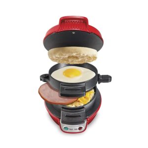 Hamilton Beach Breakfast Sandwich Maker with Egg Cooker Ring, Customize Ingredients, Perfect for English Muffins, Croissants, Mini Waffles, Perfect White Elephant Gifts, Red...