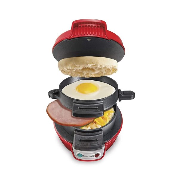 Hamilton Beach Breakfast Sandwich Maker with Egg Cooker Ring, Customize Ingredients, Perfect for English Muffins, Croissants, Mini Waffles, Perfect White Elephant Gifts, Red...