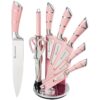 Kitchen Knife Set, Retrosohoo 9-Pieces Pink Sharp Non-Stick Coated Chef Knives Block Set,Stainless Steel Knife Set for Kitchen with Sharpener for Cutting Slicing Dicing Chopping...