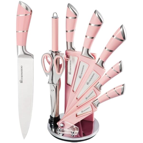 Kitchen Knife Set, Retrosohoo 9-Pieces Pink Sharp Non-Stick Coated Chef Knives Block Set,Stainless Steel Knife Set for Kitchen with Sharpener for Cutting Slicing Dicing Chopping...