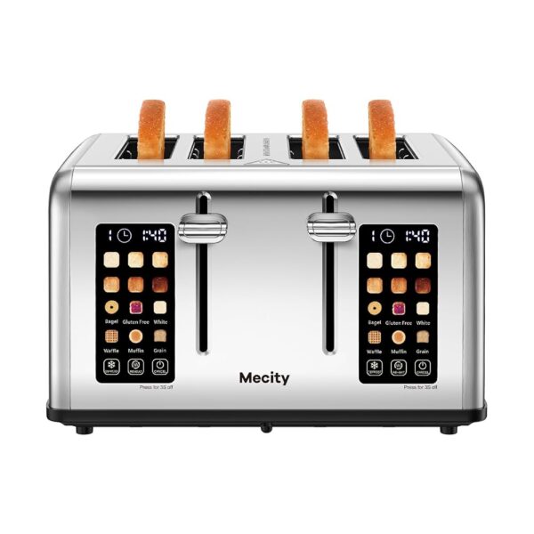 Mecity 4 Slice Toaster with Touch Screen Control, 4 Wide Slots, Stainless Steel Smart Bread Toaster for Bagels, Muffins, Waffles, Dual Control Panel, Timer, Defrost, Reheat,... Mecity 4 Slice Toaster with Touch Screen Control, 4 Wide Slots, Stainless Steel Smart Bread Toaster for Bagels, Muffins, Waffles, Dual Control Panel, Timer, Defrost, Reheat,...