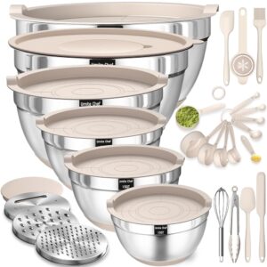 Mixing Bowls with Airtight Lids Set, 26PCS Stainless Steel Khaki Bowls with Grater Attachments, Non-Slip Bottoms & Kitchen Gadgets Set, Size 7, 4, 2.5, 2.0,1.5, 1QT, Great for...