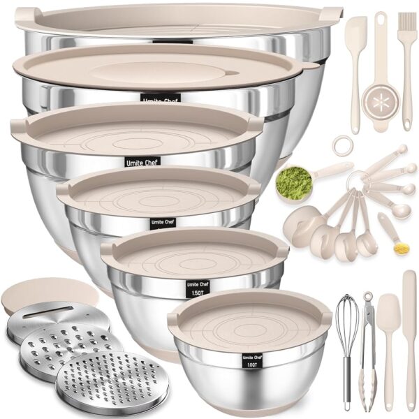Mixing Bowls with Airtight Lids Set, 26PCS Stainless Steel Khaki Bowls with Grater Attachments, Non-Slip Bottoms & Kitchen Gadgets Set, Size 7, 4, 2.5, 2.0,1.5, 1QT, Great for... Mixing Bowls with Airtight Lids Set, 26PCS Stainless Steel Khaki Bowls with Grater Attachments, Non-Slip Bottoms & Kitchen Gadgets Set, Size 7, 4, 2.5, 2.0,1.5, 1QT, Great for...