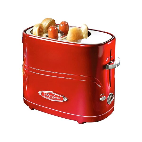 Nostalgia 2 Slot Hot Dog and Bun Toaster with Mini Tongs, Retro Toaster, Cooker that Works Chicken, Turkey, Veggie Links, Sausages Brats, Metallic Red Nostalgia 2 Slot Hot Dog and Bun Toaster with Mini Tongs, Retro Toaster, Cooker that Works Chicken, Turkey, Veggie Links, Sausages Brats, Metallic Red
