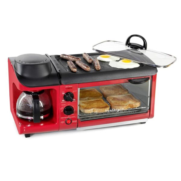 Nostalgia 3-in-1 Breakfast Station - Includes Coffee Maker, Non-Stick Griddle, and 4-Slice Toaster Oven - Versatile Breakfast Maker with Timer - Red Nostalgia 3-in-1 Breakfast Station - Includes Coffee Maker, Non-Stick Griddle, and 4-Slice Toaster Oven - Versatile Breakfast Maker with Timer - Red