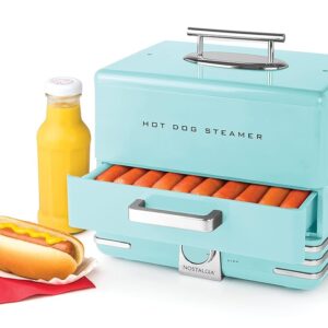Nostalgia Extra Large Diner-Style Steamer, 20 Hot Dogs and 6 Bun Capacity, Perfect for Breakfast Sausages, Brats, Vegetables, Fish, Aqua