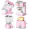 Pretend Play Kitchen Appliances Toy Set with Realistic Coffee Maker Machine, Toaster, Mixer and Blender, Kids Kitchen Playset with Sound & Light for Kids Age 3–5 4-8