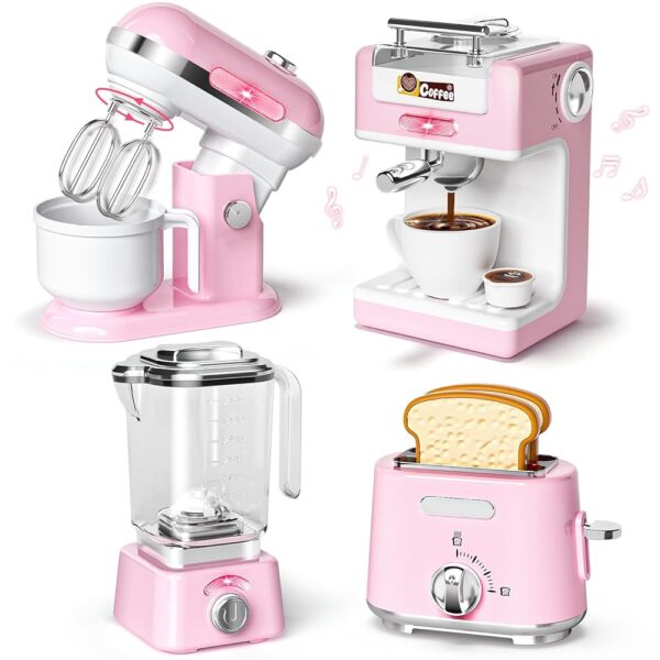 Pretend Play Kitchen Appliances Toy Set with Realistic Coffee Maker Machine, Toaster, Mixer and Blender, Kids Kitchen Playset with Sound & Light for Kids Age 3–5 4-8