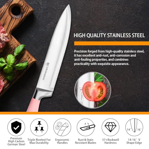 Retrosohoo Kitchen Knife Set Review Sharp Pink Stainless Steel Blades and Block