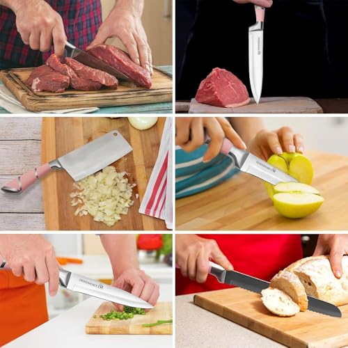 Retrosohoo Kitchen Knife Set Review Sharp Pink Stainless Steel Blades and Block