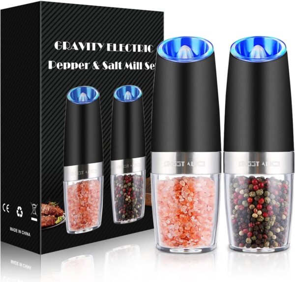 Sweet Alice Gravity Electric Pepper and Salt Grinder Set, Adjustable Coarseness, Battery Powered with LED Light, One Hand Automatic Operation, Stainless Steel Black, 2 Pack Sweet Alice Gravity Electric Pepper and Salt Grinder Set, Adjustable Coarseness, Battery Powered with LED Light, One Hand Automatic Operation, Stainless Steel Black, 2 Pack