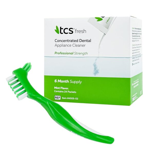 TCS Fresh Concentrated Dental Appliance Cleaner Set, Professional Denture and Retainer Cleaner Powder with Soft Bristle Brush (24 Packets, 6 Month Supply, Mint Flavor) TCS Fresh Concentrated Dental Appliance Cleaner Set, Professional Denture and Retainer Cleaner Powder with Soft Bristle Brush (24 Packets, 6 Month Supply, Mint Flavor)