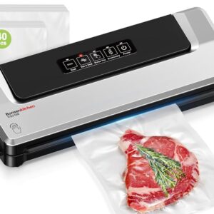 [Updated 2025] Bonsenkitchen Vacuum Sealer Machine + 40 Vacuum Bags, Fast-Compact/Multi-Functional Food Vacuum Sealer with External Vacuum System, Silver