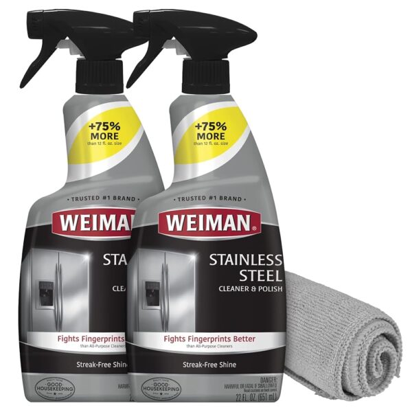 Weiman Stainless Steel Cleaner and Polish - Protects Appliances from Fingerprints, Leaves a Streak-Free Shine for Refrigerator, Dishwasher, Oven, Grill, 2 Pack With Microfiber...