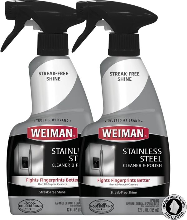 Weiman Stainless Steel Cleaner and Polish - Removes Fingerprints, Residue, Water Marks, Grease from Appliances, 2 Pack with Micro Towel